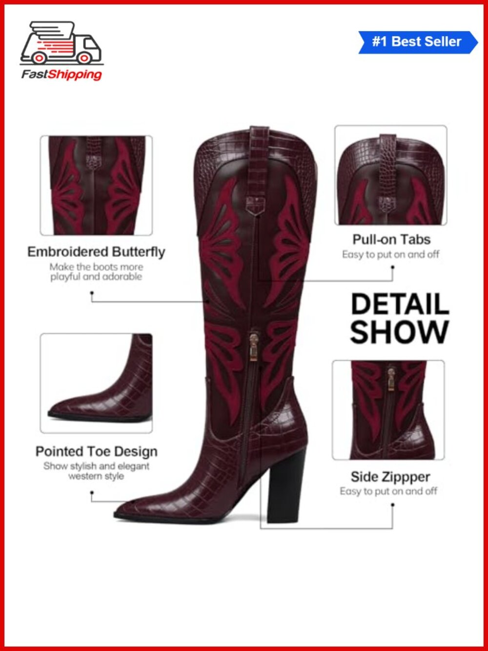 ✨ VOMIRA Women's Pointed Toe Chunky Heel Butterfly Cowboy Boots Wide Calf Knee - Picture 4 of 6